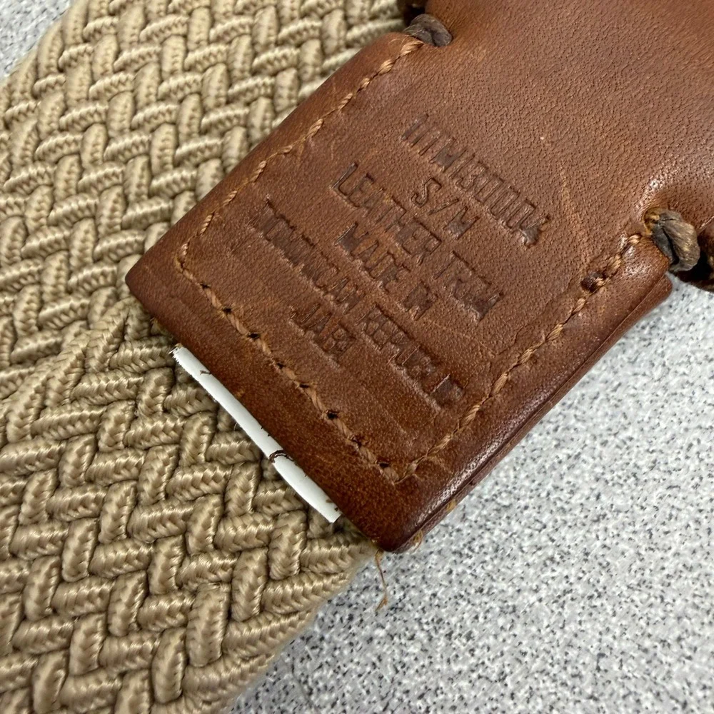 Tommy Bahama Elastic Belt Mens S/M Tan Silver Buckle Brown Leather Stretch 1.25